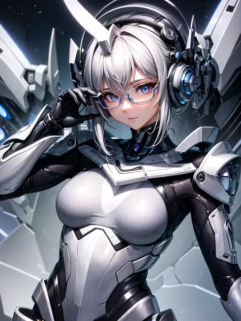 5 8K UHD、Silver metallic body mechanical beauty posing with glasses、Silver metallic robot with hidden skin shiny