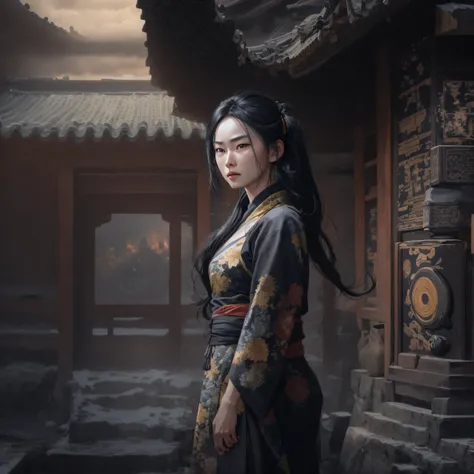 Side 32K，exteriors，Roof，People are small（tmasterpiece，k hd，hyper HD，32K）Long flowing glossy black hair，Tang dynasty complex，zydink， a color，mid afternoon（canyons）， （Linen batik scarf）， Combat posture， looking at the ground， Linen bandana， Chinese python pa...