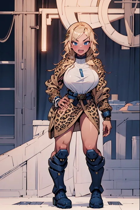 blond hair, blue eyes, gyaru,blush,fang,big breast, wizard cloths, shocked, leopard skin cloths, standing, full body, boots, midget