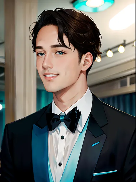 Young man in tuxedo smiling at camera, headshot profile picture, Cyan eyes, Light-brown hair, Blurred dance hall background