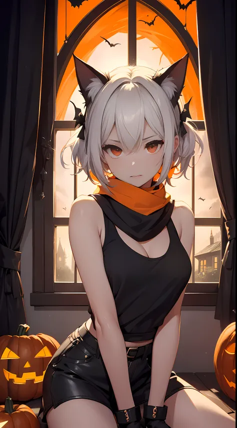 top-quality, Top image quality, masterpiece, Teens girl, Black and orange tank top, Orange and black shorts, Orange scarf, Best Bust, Bust 85, white hair, Longhaire, Red Eyes, Open chest wide, Valley, Happiness, A slender, Blood coating, Leaning forward, E...