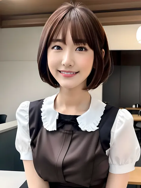 masutepiece, 1 girl per 1 photo, upperbody shot, front-facing view, a Japanese young pretty woman, Wearing a cute maid costume in short sleeve satin silky black、With a big smile in the café, Apron with white ruffles, a black choker, gigantic breasts, hyper...