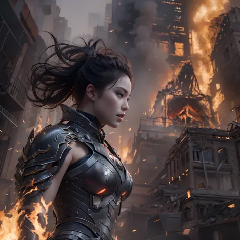 8k, top-quality, （pubic hair beauty）、hight resolution, realisticlying, realperson, A hero wearing glowing armor fighting black smoke and assimilated monsters、The hero is a woman in a building street where fire and smoke rise、The building is collapsing