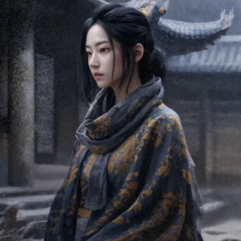 Side 32K，exteriors，Roof，People are small（tmasterpiece，k hd，hyper HD，32K）Long flowing glossy black hair，Tang dynasty complex，zydink， a color，Morning（canyons）， （Linen batik scarf）， Combat posture， looking at the ground， Linen bandana， Chinese python pattern ...