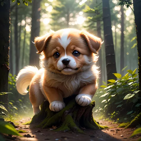 Close-up of a very cute jumping puppy in the forest, soft volumetric light, (backlight: 1.3), (movie: 1.2), intricate details, (ArtStation: 1.3), Rutkowski --auto