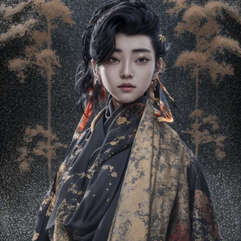 Side 32K，exteriors，Roof，People are small（tmasterpiece，k hd，hyper HD，32K）Long flowing glossy black hair，Tang dynasty complex，zydink， a color，Morning（canyons）， （Linen batik scarf）， Combat posture， looking at the ground， Linen bandana， Chinese python pattern ...