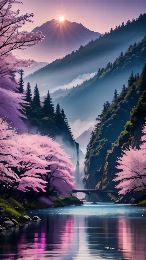 (high detail: 1.2), beautiful nature, river, sakura flowers floating, vibrant colors, beautiful landscape, trees, mountain in the background, mist, aquamarine and dark purple sky, spirit blossom (theme), intricate, elegant, fantasy, hyper detailed, landsca...