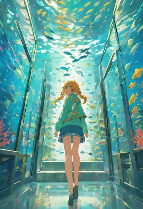 A very large aquarium, filled with various types of fish, all behind the glass, colorful, with a long corridor outside the glass, dim, close-up, panoramic, and the same environment