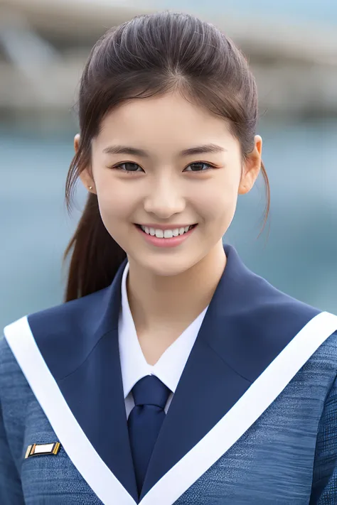 25 year old girl, smiling, Wear a navy uniform, Tie a ponytail.