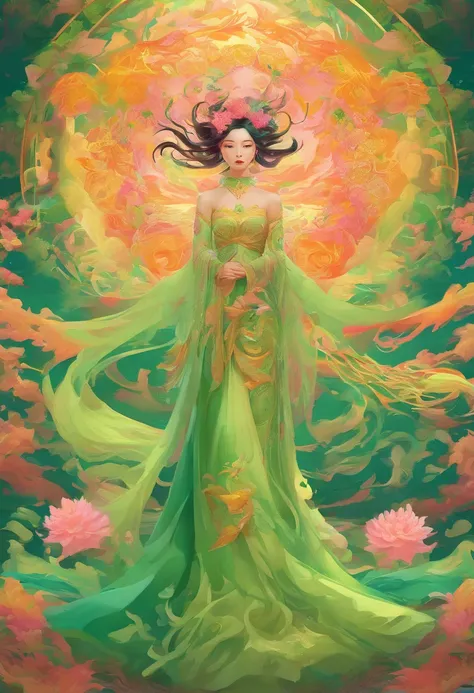 Chinese fairy in light green wedding dress, Light green tulle cape, Golden Phoenix, the nine tailed fox spirit, The Nine Tails unfolded behind like a circle of smoke in the air, peach blossom, Clouds, High quality, symetrical composition, high resolution #...