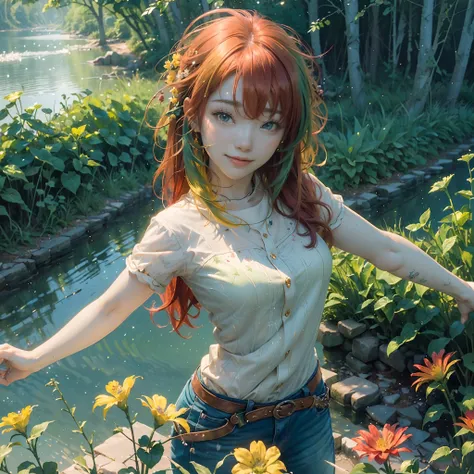 (extremely detailed CG unity 8k wallpaper, masterpiece, best quality, ultra-detailed), (best illumination, an extremely delicate and beautiful), floating, beautiful fantasy world, cute girl with a beautiful face, standing, smiling beautifully, looking at y...