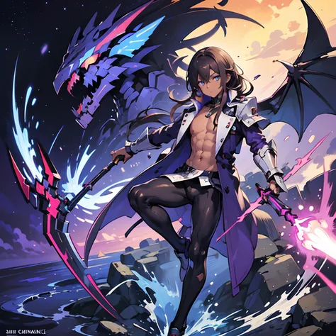 1 boy {otokonoko} {muscles}dark skin, long hair, dark brown hair, multicolor blue eyes, magical boy, long black esper trenchcoat, black leggings, gauntlets, {deus ex machina demonbane} shirtless, floating, demonbane mecha behind,