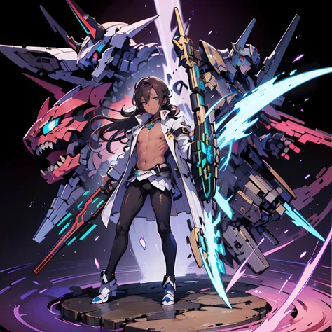 1 boy {otokonoko} {muscles}dark skin, long hair, dark brown hair, multicolor blue eyes, magical boy, long black esper trenchcoat, black leggings, gauntlets, {deus ex machina demonbane} shirtless, floating, demonbane mecha behind,