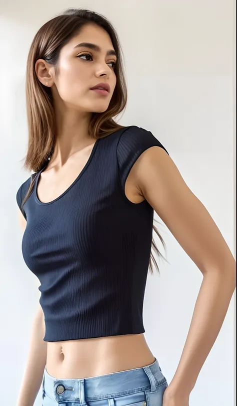 A closeup of a woman wearing a black top and jeans, parte superior do corpo close up, she is wearing a black tank top, tampo preto, camisa apertada, usando uma regata preta cropped, usando uma regata cropped preta, tanque preto apertado, vestindo camisa ap...