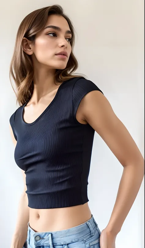 A closeup of a woman wearing a black top and jeans, parte superior do corpo close up, she is wearing a black tank top, tampo preto, camisa apertada, usando uma regata preta cropped, usando uma regata cropped preta, tanque preto apertado, vestindo camisa ap...