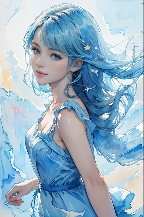 8K,​masterpiece,top-quality, (From the top:1.6) ,(close up:1.1),Dynamic Pose,30-year-old woman with,Portrait, light, Long hair, ssmile, watercolor paiting (Medium),watercolor paiting,(A plain semi-light blue dress that adheres to the body:1.3)