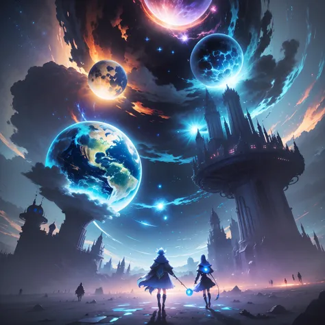 souls kingdom, huge sphere in the middle, cosmic theme, blue galaxy, flying creatures, unknown beings walking, anime style, cinematic lighting --auto --s2