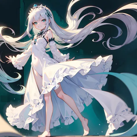 a girl,7yrs old,long white hair that neatly flows down to her heel,wearing a white silky dress (pandora from re-zero),dark green eyes,unnatural beauty,wearing a fear inducing grin,staring coldly at viewer,standing up straight,barefoot