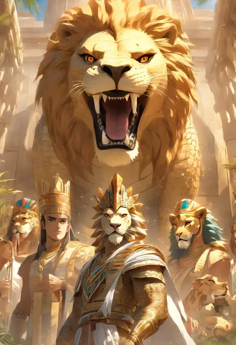 (((crocodile head with lion body))) best quality, very high resolution, 4K detailed CG, masterpiece, Egyptian mythology, Ammit, sun in the background, Ancient Egypt, hybrid god, white clothes, crocodile head ,lion body, Egyptian clothing, Egyptian temple, ...