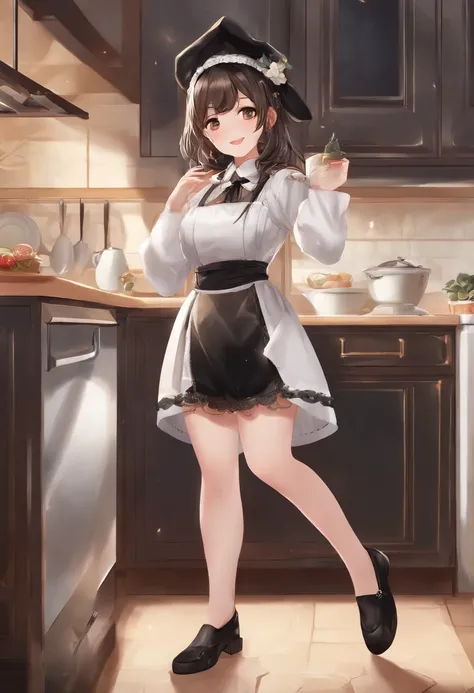 masterpiece, best quality, HuTaoV4, 1girl, solo, looking at viewer, symbol-shaped pupils, flower shaped pupils, blush, smile, open mouth, long sleeves, jewelry, flower, thighs, shorts, socks, nail polish, black headwear, kitchen dress clothes, black shorts...