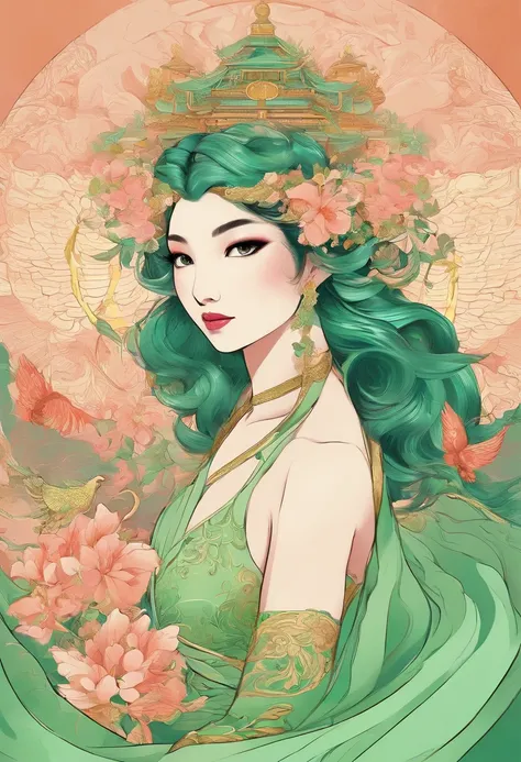 Chinese fairy in light green wedding dress, Light green tulle cape, Golden Phoenix, the nine tailed fox spirit, Seductive eyes，Delicate facial features，The Nine Tails unfolded behind the back，Its like a circle of smoke in the air, peach blossom, Clouds, Hi...