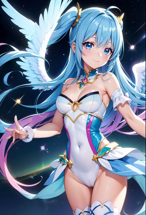 Super Idol　a beauty girl　A charming smile　sky blue hair　length hair　Twin-tailed　Glittery bright pink and white and blue and yellow leotards　facing front　7 colors of angel great wings on the back　Mystical　Fantasia　constellation　a moon　Crystal Brilliance　Aur...