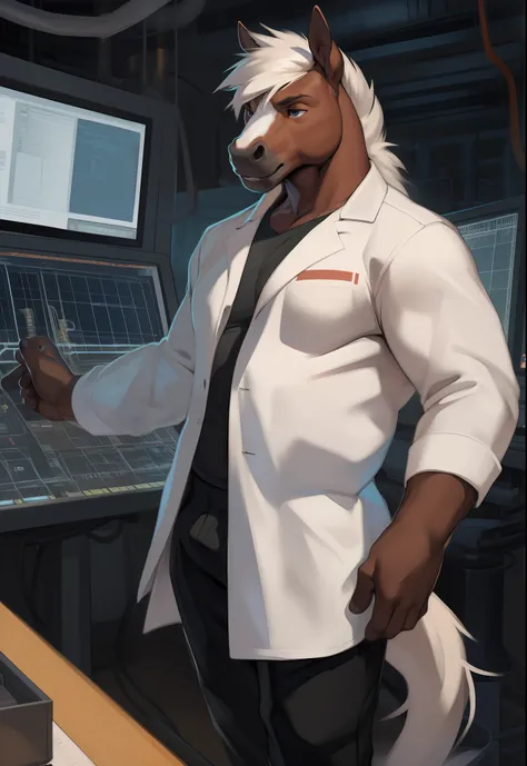 male, anthro, kemono, (Horse),brown body,closedwhite lab coat,long black work pants,nuclear power plant employees, wearing white hard hat, control room, half length portrait, white mane,by zackary911, chunie, meesh, kiyosan,detailed background