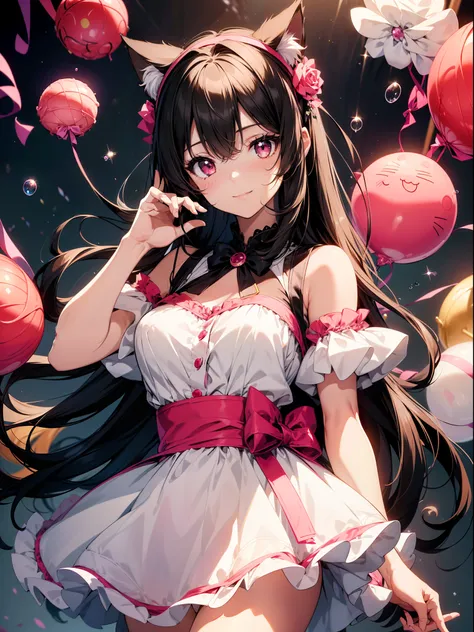 1 girl, character focus, close to viewer, (upper body), (holding a big lollipop) , cat ears hairband ,black hair, pale pink eyes,smile,floating many sweets, bubbles ,high resolution,(incredibly absurdres),anime visual,extremely detailed CG unity 8k wallpap...