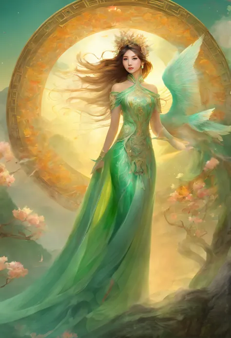 Chinese fairy in light green wedding dress, Light green tulle cape, Golden Phoenix, the nine tailed fox spirit, The nine tails spread out behind like a circle of smoke in the air, peach blossom, Clouds, High quality, symetrical composition, high resolution...