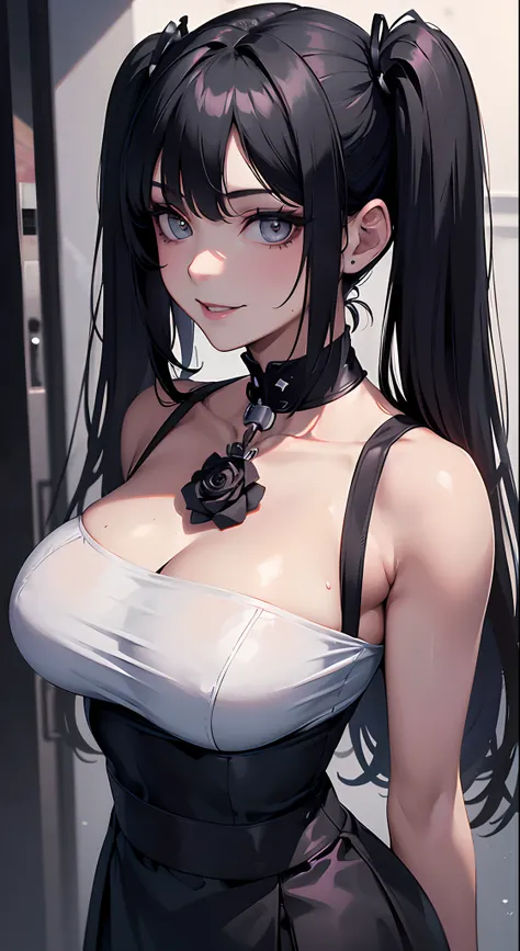 ((Best quality)), ((masterpiece)), (detailed: 1.4), beautiful woman, short black shirt open, short skirt, black hair locks gray, fringe twin tails, black rose, skull, neckline, sweaty, wide square, defined body, body shine, sarcastic smile, dark, black lip...