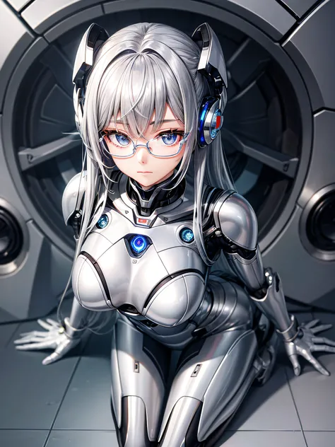 5 8K UHD、Silver metallic body mechanical beauty wearing glasses is looking down while kneeling facing the front、Silver metallic robot with hidden skin shiny