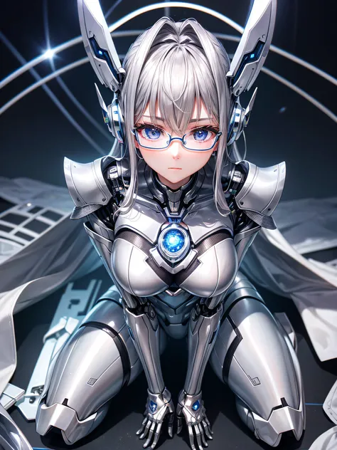 5 8K UHD、Silver metallic body mechanical beauty wearing glasses is looking down while kneeling facing the front、Silver metallic robot with hidden skin shiny