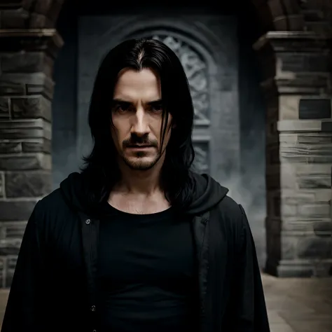 Severus Rogue from Harry Potter, man with long black haur, black outfit, Hogwarts background