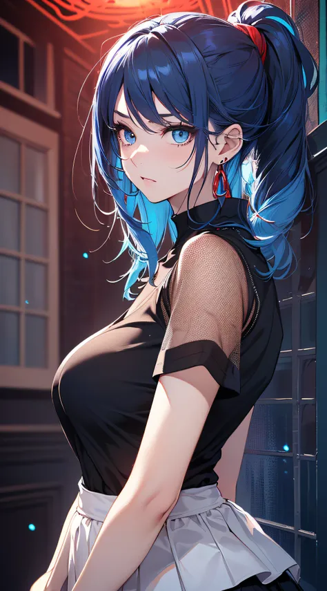 top-quality、Top image quality、​masterpiece、girl with((18year old、Best Bust、Medium bust、Bust 85,Beautiful blue eyes、Breasts wide open,Black Short Sleeve T-Shirt、White see-through、Black short skirt、Ponytail with black hair、Anxious face、Beautiful blue earring...