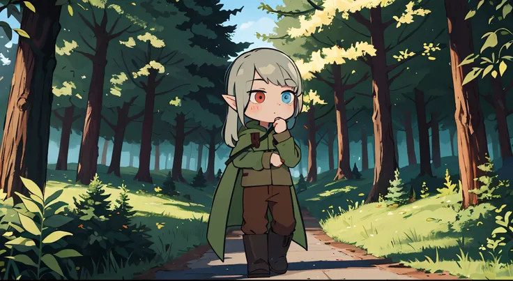 Background Forest, Guy Elf, beige hair, hairlong, Red right eye, The left eye is blue, green raincoat, Khaki shirt, brown pants, Black Boots, One eye is red, Second Blue