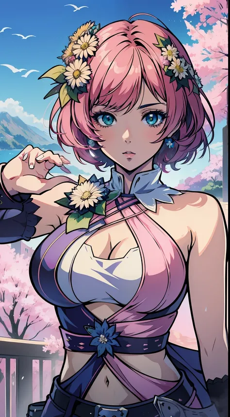 (master part, melhor qualidade) Alisa Rosto bonito, Olhos verdes detalhados , roupas elegantes e detalhadas , puffy lips ,Short Pink Hair Flower Accessories, (melhores detalhes) ( melhor qualidade) espetacular, dramatic scenery, Tekken , Digital anime illu...