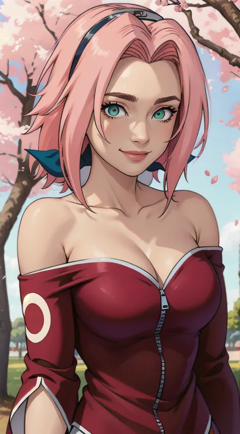 tmasterpiece， Best quality at best， 1girll， Sakura Haruno， Large breasts，Off-the-shoulder attire，（cleavage)，（upperbody closeup)，Raised sexy，is shy，ssmile，with pink hair， long whitr hair， （Green eyeballs:1.4)， Forehead protection， the cherry trees，Cherry bl...