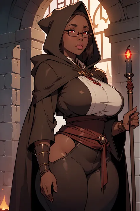 Solo, female, brown wizard robes, hood, glasses, dark skin, red eyes, deadpan expression, (((thick lips, big lips))), looking at viewer, standing, dramatic lighting, dungeon, underboob, pants