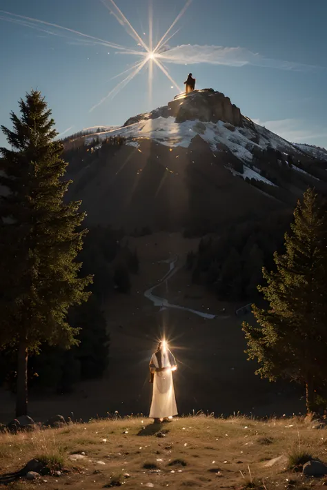 A realistic image of Jesus on a hill with a light coming from heaven