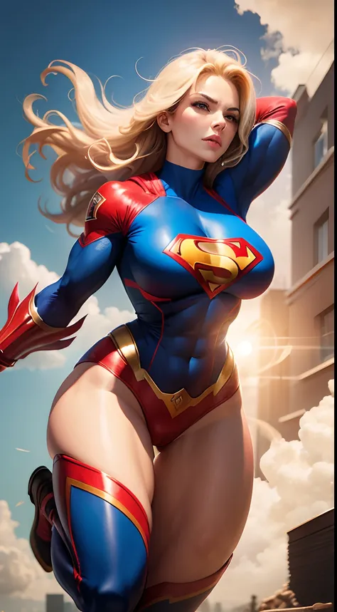 Busty muscular Superwoman floating still on air, super strong muscles