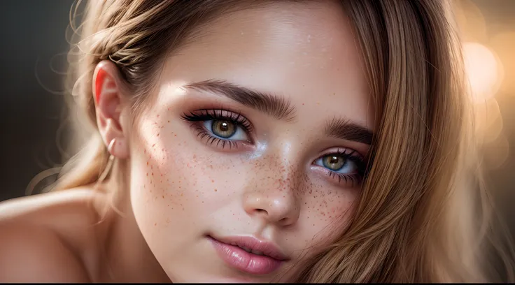 a close-up photo of a woman's face, illuminated by the soft glow of a candle, with a serene expression, freckles on her cheeks, ...