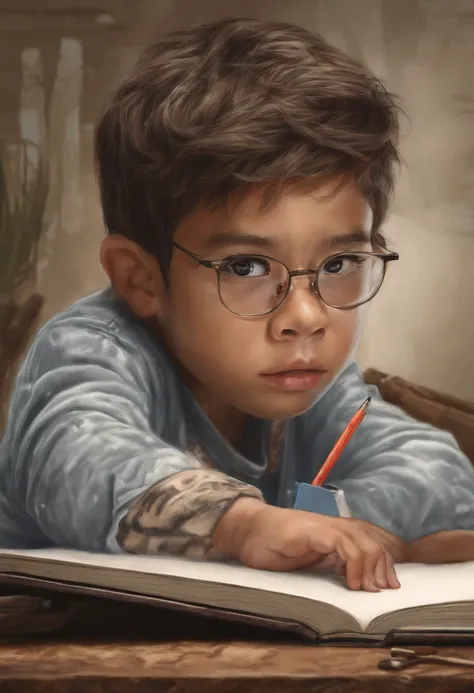 boy [tan skin, glasses] seeing his art from drawing book coming alive