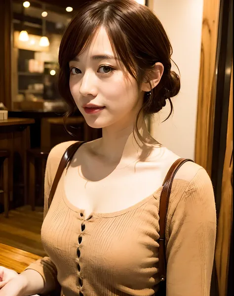 close up of 1 female, 35mm masterpiece, casual dress, wooden cafe, Tokyo