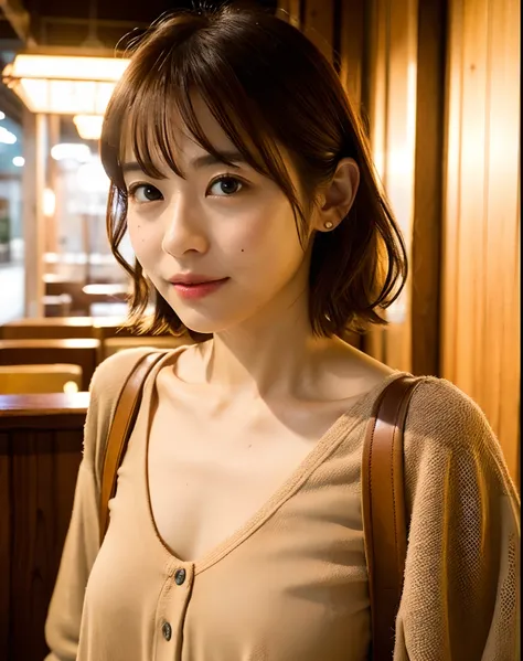 close up of 1 female, 35mm masterpiece, casual dress, wooden cafe, Tokyo