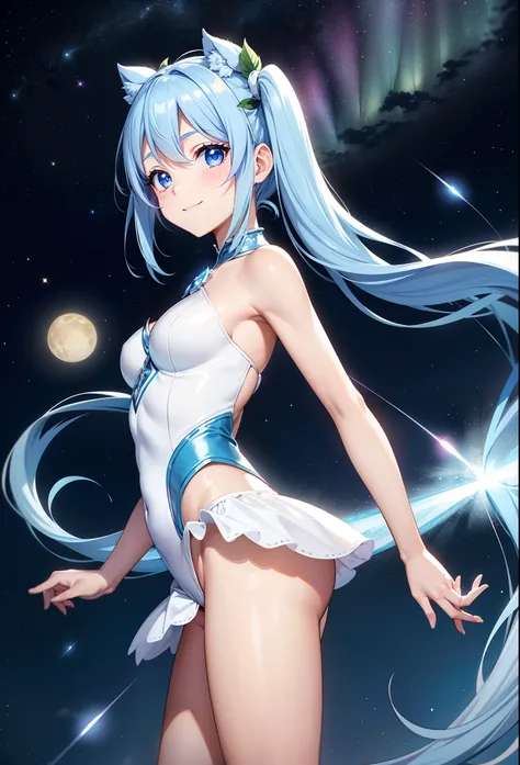 Super Idol　a beauty girl　A charming smile　sky blue hair　length hair　Facing straight ahead　Twin-tailed　Glittering white leotard costume　Mystical　Fantasia　constellation　a moon　Crystal Brilliance　Aurora Borealis in the Night Sky