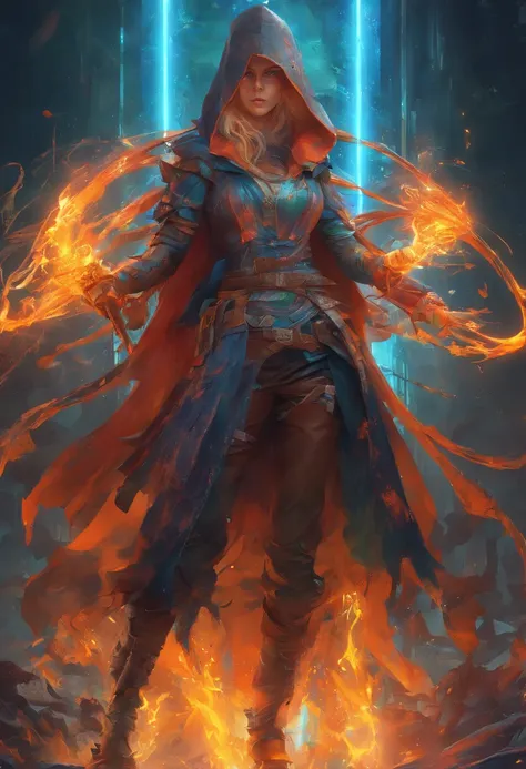 masterpiece, Rogue assassin girl, wearing a hood, blonde hair, shrouded in shadows, holding a flaming dagger in each hand, vibrant glowing abyssal colors, entirely in frame, FULL BODY, radiating electrical energy, shoulder length messy hair, Full body, Bea...