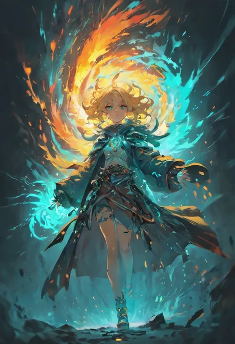 masterpiece, Rogue assassin girl, wearing a hood, blonde hair, shrouded in shadows, holding a flaming dagger in each hand, vibrant glowing abyssal colors, entirely in frame, FULL BODY, radiating electrical energy, shoulder length messy hair, Full body, Bea...