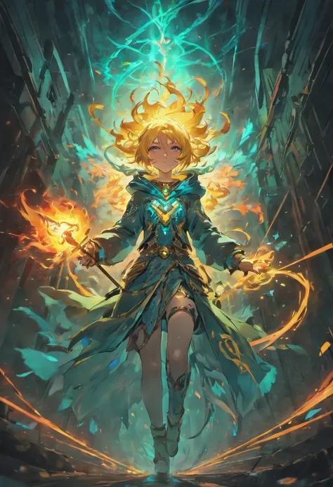 masterpiece, Rogue assassin girl, wearing a hood, blonde hair, shrouded in shadows, holding a flaming dagger in each hand, vibrant glowing abyssal colors, entirely in frame, FULL BODY, radiating electrical energy, shoulder length messy hair, Full body, Bea...