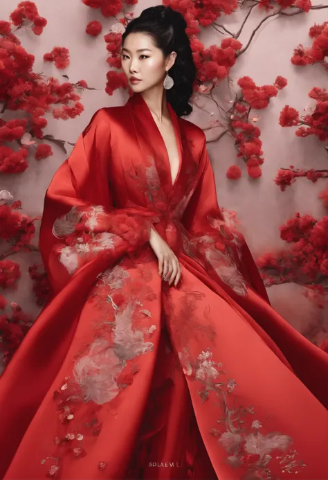 Liu Wen, an international supermodel wearing a red wedding dress, red tulle cloak, Golden Phoenix, nine tail fox, （9. The tail is unfolded at the back，Form a smoke ring in the air), peach blossom，Cloud，High quality， symetrical composition , high resolution...