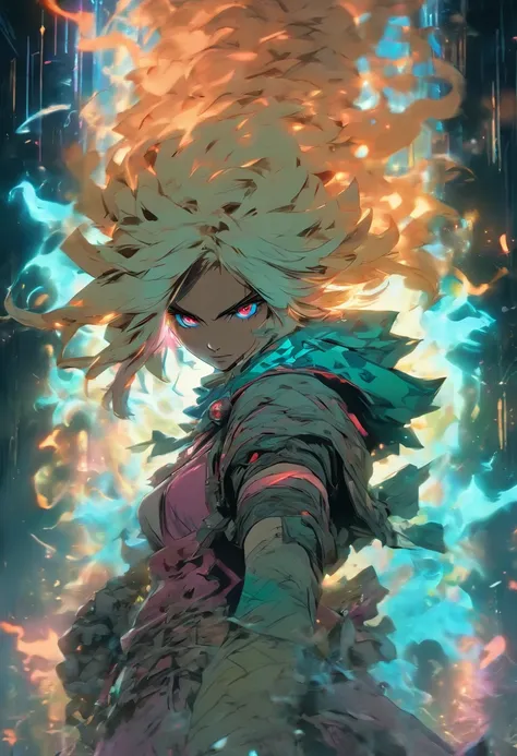 masterpiece, Rogue assassin girl, wearing a hood, blonde hair, shrouded in shadows, holding a flaming dagger in each hand, vibrant glowing abyssal colors, entirely in frame, FULL BODY, radiating electrical energy, shoulder length messy hair, Full body, Bea...